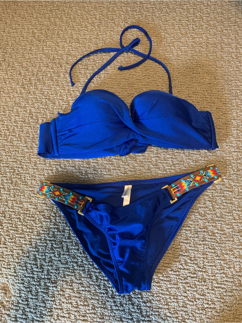 BrightBlue Bandeau Bikini Set with Embellished Sides on Bottoms
